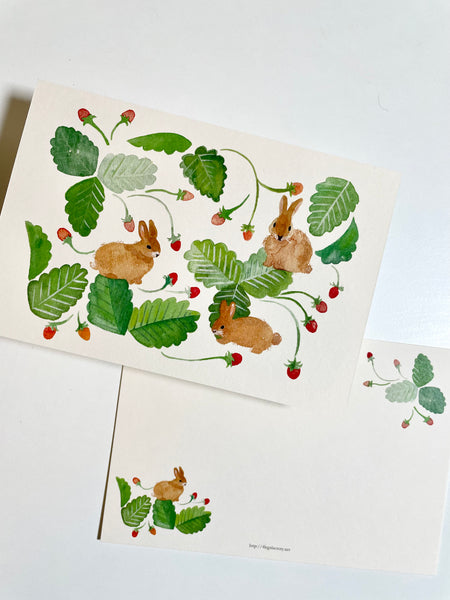 Two way Printing Postcard / Rabbits & Strawberries