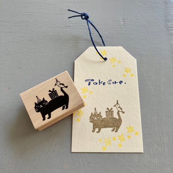 Hankodori Rubber Stamp / Cat, Bird & Gift (L)